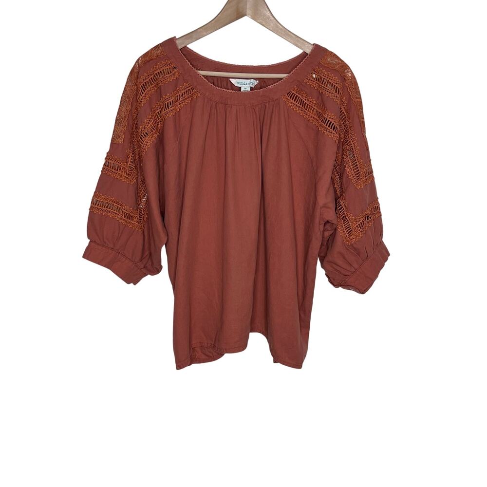 Sundance Rust Terracotta Crochet Lace Boho Peasant Blouse Top Medium Cotton READ